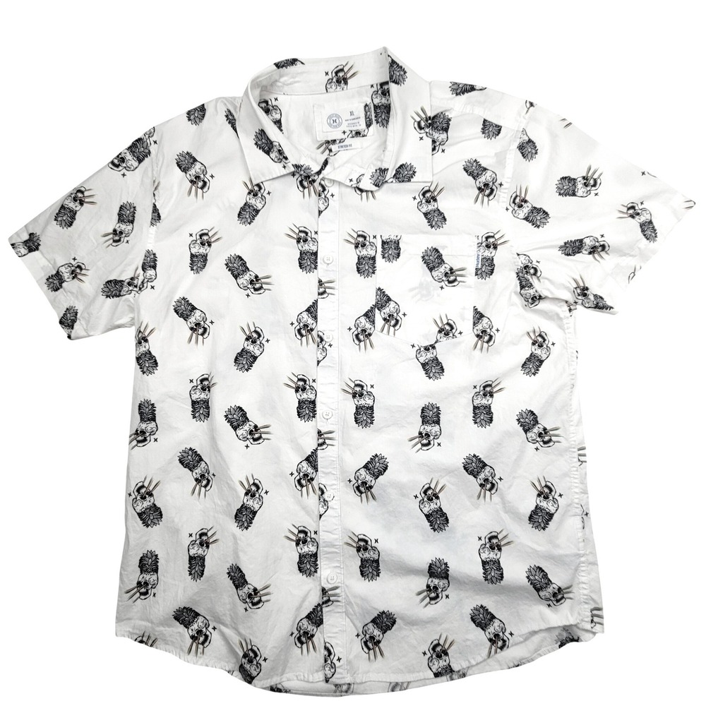 Hurley Mens Skull Rainbow Lasers‎ Print Short Sleeve Shirt L Stretch Fit Cotton